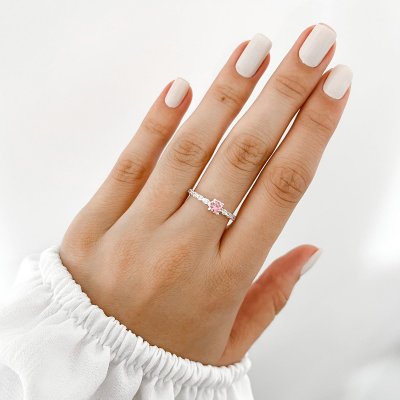 anel solitario zirconia rosa prata 925