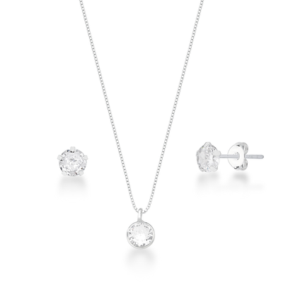 conjunto colar e brinco ponto de luz redondo prata 925