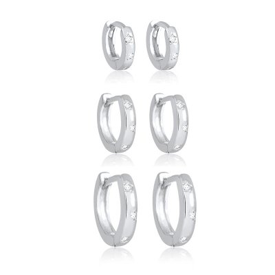 trio brinco argola lisa com zirconias i prata 925 glamour pratas