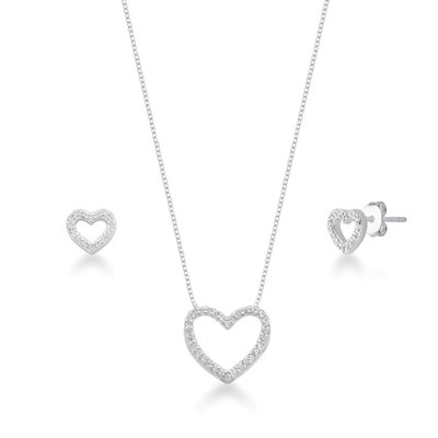 kit colar e brinco coracao cravejado prata 925