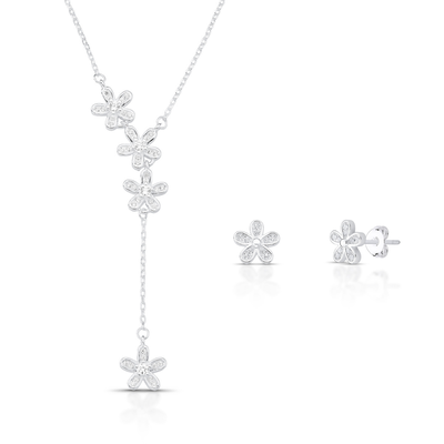 kit colar e brinco flor cravejada prata 925