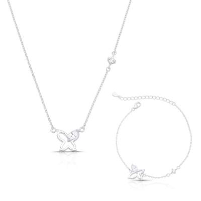 kit colar e pulseira borboleta zirconias prata 925