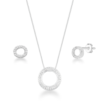 kit circulo cravejado colar e brinco prata