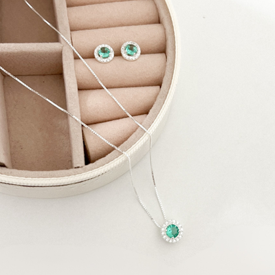 conjunto colar e brinco redondo cravejado turmalina prata 925 1